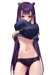  1girl absurdres ass_visible_through_thighs bangs black_panties blue_sweater blunt_bangs clothes_lift commentary cowboy_shot hands_up highres hololive hololive_english lifted_by_self long_hair looking_at_viewer mole mole_under_eye navel ninomae_ina&#039;nis panties pointy_ears purple_eyes purple_hair simple_background smilesmile1312 solo standing stomach sweater sweater_lift tentacle_hair underwear undressing very_long_hair virtual_youtuber white_background 