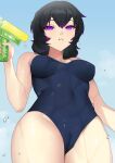  1girl bangs black_hair blue_sky blue_swimsuit borrowed_character breasts cameltoe clear_sky closed_mouth commentary commission covered_navel cowboy_shot english_commentary holding looking_at_viewer medium_breasts medium_hair one-piece_swimsuit original purple_eyes school_swimsuit skeb_commission sky solo standing swimsuit tan_(inka) water_drop water_gun wet 