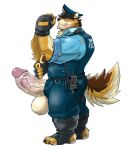 anthro balls barrel_(live-a-hero) big_balls big_penis blush canid canine canis chan_kiti_chan_(artist) clothing fingerless_gloves furgonomic_footwear furgonomics genitals gloves handwear hi_res huge_balls huge_penis hyper hyper_balls hyper_genitalia hyper_penis lifewonders live-a-hero male mammal muscular muscular_anthro muscular_male penis police police_officer police_uniform solo uniform vein veiny_penis video_games wolf 