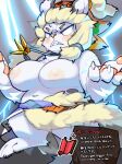  absurd_res angry belt big_breasts blonde_hair blush breast_growth breasts clothed clothing crossgender english_text felid feline female fur glowing glowing_eyes growth gunfire_reborn hair headdress hi_res information_box japanese_text jewelry kame_3 kemono lei_luo lightning mammal necklace nipples no_pupils paws scroll semi-anthro sharp_teeth solo teeth text topless translated white_body white_fur 