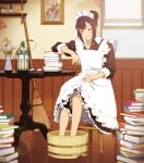  1girl apron book book_stack closed_eyes exhausted eyewear_removed flower glasses maid maid_apron maid_headdress original soaking_feet solo suzushiro_(suzushiro333) table vase washtub 