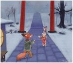  anthro beverage canid canine clothed clothing dipstick_ears dipstick_tail disney duo female footwear fox fur grey_body grey_fur judy_hopps lagomorph leporid male mammal markings multicolored_ears nick_wilde orange_body orange_fur plant rabbit sandals smile snow tail_markings the_gory_saint tree winter zootopia 