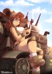  1girl artist_name bangs bare_shoulders baseball_cap belt black-framed_eyewear blue_sky breasts brown_eyes brown_footwear brown_hair brown_headwear brown_shorts brown_vest cleaning_gun cloud commentary crop_top dated day english_commentary fio_germi glasses ground_vehicle gun hair_between_eyes handgun hat highres holding holding_gun holding_weapon knee_pads leg_up legs looking_at_viewer medium_breasts metal_slug midriff military military_vehicle motor_vehicle open_clothes open_mouth open_vest outdoors ponytail revolver round_eyewear shirt shoes short_shorts shorts sidelocks sideways_mouth signature sky sleeveless sleeveless_shirt smoke smoking_gun socks solo tank teranen vest watermark weapon white_legwear white_shirt wristband 