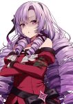  1girl absurdres bangs black_gloves blush claw_ring crossed_arms dress drill_hair gloves hair_ribbon highres hyakumantenbara_salome juliet_sleeves long_hair long_sleeves mia_(fai1510) nijisanji off_shoulder parted_lips puffy_sleeves purple_eyes purple_hair red_dress ribbon sideways_glance simple_background solo upper_body virtual_youtuber white_background 