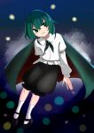  1girl androgynous antennae bangs black_cape black_footwear black_shorts blush bokudrybone cape closed_mouth collared_shirt commentary_request fireflies full_body green_eyes green_hair highres long_sleeves looking_to_the_side red_cape red_footwear shirt short_hair shorts smile socks solo touhou two-sided_cape two-sided_fabric white_legwear white_shirt wriggle_nightbug 