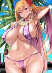  1girl arm_up armpits bangs bare_arms bare_legs bare_shoulders beach bikini blonde_hair blue_sky boryeon_(last_origin) breasts cleavage cloud colored_inner_hair covered_nipples dangle_earrings day ear_piercing earrings fang flower hair_flower hair_ornament hand_in_own_hair hand_on_own_chest highres huge_breasts jewelry last_origin lips long_hair looking_at_viewer lotion multicolored_hair multicolored_nails navel ocean open_mouth outdoors partially_visible_vulva piercing purple_bikini purple_eyes sideboob skin_tight sky sling_bikini_top smile solo standing string_bikini sukesan sunscreen swimsuit thigh_gap thighs water wet wet_clothes wet_swimsuit wreath 