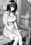  1girl arm_at_side bangs bench between_legs blush breasts bus_stop cleavage closed_mouth collarbone commentary_request dress feet_out_of_frame fingernails frilled_dress frilled_sleeves frills greyscale hair_between_eyes hand_between_legs highres ice_reizou large_breasts long_hair looking_at_viewer monochrome on_bench original outdoors rain road_sign sidelocks sign sitting sleeves_past_elbows solo v-neck water_drop wet wet_clothes wet_dress wet_hair 