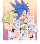  2boys arm_around_shoulder bangs blue_hair blush closed_eyes cup disposable_cup eating eyewear_on_head food galo_thymos green_hair hair_over_one_eye highres holding holding_cup holding_food ice_cream ice_cream_cone lio_fotia male_focus multiple_boys musical_note promare purple_eyes shirt short_sleeves simple_background spiked_hair sunglasses t-shirt yagita_(astronomie) yaoi 
