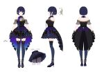  1girl absurdres bangs black_gloves blue_eyes breasts character_sheet closed_mouth concept_art dark_blue_hair dress frilled_dress frills full_body gloves hair_ornament halter_dress halterneck highres looking_at_viewer mairo mary_janes medium_breasts multiple_views propro_production see-through shiduki_sena shoes short_hair simple_background solo standing thighhighs virtual_youtuber white_background 