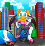  anthro big_breasts blue_eyes breasts car chiropteran city city_background clothed clothing destroyed_vehicle destruction female hi_res looking_down macro mammal rouge_the_bat sega solo sonic_the_hedgehog_(series) the_knight vehicle 