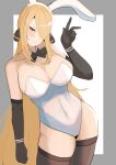  1girl alternate_costume animal_ears black_gloves black_legwear blonde_hair breasts cleavage closed_mouth covered_navel cynthia_(pokemon) elbow_gloves fake_animal_ears gloves grey_eyes hair_ornament hair_over_one_eye highres large_breasts leaning_to_the_side leotard long_hair looking_at_viewer playboy_bunny pokemon pokemon_(game) pokemon_dppt rabbit_ears simple_background smile solo tatsu_(user_rjes8545) thighhighs v white_leotard 