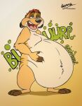  2022 3_toes 4_fingers anthro belly belly_overhang big_belly bubble burping disney feet fingers fur half-closed_eyes hand_on_stomach hanging_belly herpestid hi_res kaiipwilde_(artist) male mammal meerkat narrowed_eyes navel nude obese obese_anthro obese_male open_mouth overweight overweight_anthro overweight_male rumbling_stomach solo sound_effects standing teeth text the_lion_king timon toes tongue 