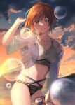  1girl aketa_mikoto armpits beeftanizoko bikini bikini_under_clothes blonde_hair blurry blurry_foreground blush breasts brown_hair bubble cleavage cloud collarbone depth_of_field gradient_hair grin highres holding holding_eyewear idolmaster idolmaster_shiny_colors jacket multicolored_hair nail_polish navel see-through see-through_jacket side_ponytail smile solo sunset swimsuit 