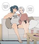  2girls bangs blue_eyes blue_hair blush breasts byleth_(fire_emblem) byleth_(fire_emblem)_(female) couch couple edelgard_von_hresvelg fire_emblem fire_emblem:_three_houses fire_emblem_warriors:_three_hopes food glasses hair_between_eyes highres large_breasts long_hair looking_at_viewer medium_hair multiple_girls muscular muscular_female nintendo_switch pillow ponytail purple_eyes radiostarkiller shorts side_ponytail smile sweater yuri 