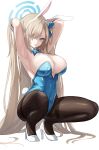  1girl absurdres animal_ears armpits asuna_(blue_archive) asuna_(bunny)_(blue_archive) black_legwear blonde_hair blue_archive blue_eyes blue_leotard blue_ribbon breasts cleavage covered_navel elbow_gloves fake_animal_ears fake_tail gloves hair_over_one_eye hair_ribbon halo high_heels highres large_breasts leotard long_hair looking_at_viewer mole mole_on_breast pantyhose parted_lips playboy_bunny rabbit_ears rabbit_tail ribbon smile solo squatting tail up_(osk50217) very_long_hair white_footwear white_gloves 