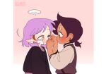  2girls amity_blight applying_bandages bandage_on_face bandages bandaid bandaid_on_face bandaid_on_forehead blush brown_eyes commentary_request dark-skinned_female dark_skin luz_noceda multiple_girls one_eye_closed pointy_ears purple_hair short_hair su_ggushi the_owl_house twitter_username yellow_eyes 