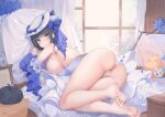  1girl :3 absurdres ass azur_lane bare_legs bare_shoulders barefoot black_hair blue_bow blue_eyes blue_flower blue_rose bow breasts cheshire_(azur_lane) cheshire_(the_cat_and_the_white_steed)_(azur_lane) closed_mouth corset feet flower hair_bow hat highres indoors lanyingchengzhi large_breasts looking_at_viewer lying manjuu_(azur_lane) partially_visible_vulva rose sideboob solo sun_hat thighs toes white_headwear window 