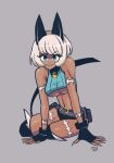  1girl animal_ears bangs belt blue_eyes bob_cut breasts cat_ears cat_tail crop_top dark-skinned_female dark_skin english_commentary fingerless_gloves full_body gloves highres looking_at_viewer medium_breasts megrocks midriff ms._fortune_(skullgirls) scar short_hair signature skullgirls smile solo tail underboob white_hair 