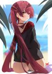  1girl ass bangs beach bikini black_jacket blurry blurry_background blush border commentary_request earrings from_behind heterochromia hololive houshou_marine jacket jewelry long_hair long_sleeves looking_back official_alternate_costume open_mouth orange_eyes red_bikini red_eyes red_hair shadow sidelocks sitting solo swimsuit swimsuit_under_clothes tsushi twintails very_long_hair virtual_youtuber white_border 