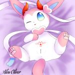  aleuoliver blue_eyes chibi eeveelution female feral genitals hi_res lying nintendo one_eye_closed pawpads paws pink_body pok&eacute;mon pok&eacute;mon_(species) pussy solo sylveon tattoo tongue tongue_out video_games white_body 