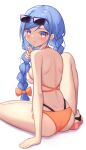  1girl absurdres ass back bangs bare_legs bare_shoulders bikini blue_eyes blue_hair blush borrowed_character bow braid breasts candy eyewear_on_head food food_in_mouth hair_bow halter_top halterneck highres knee_up lollipop long_hair looking_at_viewer looking_back medium_breasts minah_(chaesu) multi-strapped_bikini multicolored_eyes nape orange_bikini orange_eyes original purple_eyes rooby_n shoes shoulder_blades side-tie_bikini sideboob sidelocks simple_background sitting sneakers solo sunglasses swept_bangs swimsuit twin_braids white_background 