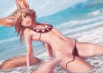  1girl animal_ear_fluff animal_ears bikini commentary ear_piercing english_commentary flat_chest fox_ears fox_tail highres khiara_(personal_ami) leaning_back light_brown_hair long_hair looking_away navel original parted_lips partially_submerged personal_ami piercing side-tie_bikini smile solo stomach swimsuit tail untied untied_bikini water yellow_eyes 