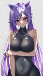  1girl absurdres bangs bare_arms bare_shoulders black_bodysuit black_legwear blush bodystocking bodysuit breast_hold breasts cone_hair_bun covered_navel cowboy_shot double_bun genshin_impact grey_background hair_bun highres katagirinanoka keqing_(genshin_impact) large_breasts long_hair looking_at_viewer purple_eyes purple_hair purple_nails skin_tight smile solo swept_bangs very_long_hair 