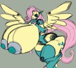  anthro anthrofied big_breasts black_sclera breasts digital_media_(artwork) equid equine eyelashes female fluttershy_(mlp) friendship_is_magic green_eyes hair hasbro huge_breasts hyper hyper_breasts imric1251 machine mammal my_little_pony nipples pegasus pink_hair pink_tail robot simple_background solo spread_wings thick_thighs wide_hips wings yellow_body 