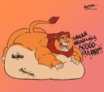  2022 beak belly big_belly burping dialogue digestion digestion_noises disney fangs felid feral fur kaiipwilde_(artist) lion lying male mammal mane nude obese obese_feral obese_male on_front open_beak open_mouth overweight overweight_feral overweight_male pantherine raised_tail simba solo sound_effects teeth text the_lion_king tongue 