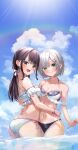  2girls ass bikini black_bikini breasts brown_hair cleavage cloud day from_side green_eyes grey_hair hair_ornament hairclip highres horo_27 hug kaga_nazuna kaga_sumire long_hair looking_at_viewer low_twintails lupinus_virtual_games multiple_girls navel open_mouth outdoors plaid plaid_bikini ribbon short_hair side-tie_bikini sky smile swimsuit thighs twintails vspo! wading water white_bikini 