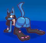  2022 3_fingers 3_toes all_fours anthro ass_up backsack balls big_butt black_body black_fur black_inner_ear blue_background blue_body blue_fur blue_perineum blush butt canid chest_spike cute_fangs digitigrade feet fingers fur genitals gloves_(marking) hand_spikes hi_res looking_back lucario male mammal markings motion_lines nintendo nude open_mouth pawpads perineum pink_pawpads pok&eacute;mon pok&eacute;mon_(species) pupils raised_tail rear_view red_eyes red_pupils simple_background solo spikes spikes_(anatomy) tail_motion tailwag tan_body tan_fur toes ultilix video_games 
