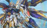  clenched_hand denjyou23 glowing gundam gundam_seed gundam_seed_destiny looking_ahead mechanical_wings no_humans science_fiction sky solo strike_freedom_gundam v-fin wings yellow_eyes 