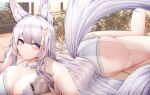  1girl absurdres animal_ears ass azur_lane babydoll bare_arms blush breast_press breasts cellphone cleavage closed_mouth collarbone grey_eyes hair_ornament highres holding holding_phone lace-trimmed_panties lace_trim large_breasts leg_up long_hair lying on_ground on_stomach panties phone samip shinano_(azur_lane) smartphone solo tail thighs underwear very_long_hair white_hair white_panties 