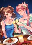  2girls bangs blue_dress bread breasts brown_eyes candle champagne_flute cleavage collarbone commission crossover cup dress drinking_glass earrings eating eiyuu_densetsu eyebrows_behind_hair fire food hair_behind_ear head_tilt highres holding holding_cup jewelry kujikawa_rise long_hair medium_breasts multiple_girls necklace one_eye_closed open_mouth persona persona_4 pink_hair ponytail sara_valestein sen_no_kiseki skeb_commission twintails wawatiku 