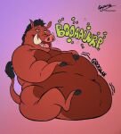  2022 anthro belly big_belly bubble burping disney fur half-closed_eyes hand_on_stomach hi_res kaiipwilde_(artist) male mammal narrowed_eyes navel nude obese obese_anthro obese_male open_mouth overweight overweight_anthro overweight_male pumbaa raised_tail rumbling_stomach sitting solo sound_effects suid suina teeth text the_lion_king tongue tusks warthog 