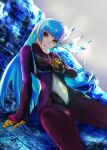  1girl bangs blue_hair bodysuit breasts candy food gloves highres ice kula_diamond lollipop long_hair looking_at_viewer purple_eyes sitting small_breasts smile the_king_of_fighters yuu_(primenumber7) 