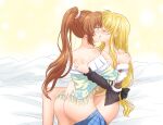  2girls ass blonde_hair blue_eyes blush breasts brown_hair closed_eyes collarbone eyebrows_behind_hair fate_testarossa hair_ribbon highres hug jewelry kiss kurosawa_karura large_breasts long_hair looking_at_another lyrical_nanoha mahou_shoujo_lyrical_nanoha_strikers multiple_girls no_panties ponytail ribbon ring shiny shiny_hair shoulder_blades takamachi_nanoha wife_and_wife yuri 