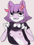  absurd_res aeveno_(artist) anthro breasts clothed clothing clothing_lift domestic_cat felid feline felis female hair hi_res looking_at_viewer mammal masyunya nipples piercing purple_body purple_eyes purple_hair simple_background solo 