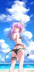  1girl absurdres ass bangs bikini blush breasts demon_tail ear_piercing earrings eyewear_on_head fang green_eyes highres hololive jewelry long_hair looking_at_viewer multicolored_hair ocean piercing pink_hair purple_hair rei_(9086) sky small_breasts smile solo swimsuit tail thigh_strap thighs tokoyami_towa virtual_youtuber 