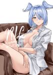  1girl absurdres armchair bangs blue_hair blush breasts chair cleavage closed_mouth collared_shirt commission elira_pendora green_eyes hair_over_one_eye head_wings heterochromia highres large_breasts long_sleeves looking_at_viewer naked_shirt nijisanji nijisanji_en nillith on_chair purple_eyes shirt short_hair solo virtual_youtuber white_shirt 
