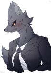  anthro blush canid canine canis clothed clothing female fur grey_body grey_fur hi_res hinata_sakamoto mammal necktie solo suit wolf 
