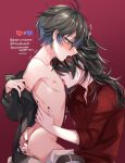  2boys ass black_hair black_shirt blue_hair clothes_pull cuntboy earrings grey_hair highres ike_eveland jewelry kokuchuutei licking long_hair multicolored_hair multiple_boys nijisanji nijisanji_en nipples open_clothes open_shirt pants pants_pull red_background red_hair red_shirt shirt single_earring tongue tongue_out virtual_youtuber vox_akuma yellow_eyes 