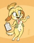  2021 absurd_res animal_crossing anthro artdexo2000 bottomless bottomless_anthro bottomless_female breasts canid canine canis clipboard clothed clothing crotch_tuft domestic_dog female full-length_portrait fur genitals green_eyes happy hi_res isabelle_(animal_crossing) mammal nintendo nipples open_clothing open_mouth open_smile open_topwear open_vest portrait pussy shih_tzu smile solo toony topwear toy_dog tuft vest video_games yellow_body yellow_fur 