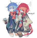  ... 2girls ahoge blue_eyes blue_hair blush coffee coffee_cup cup disposable_cup hello_hello_world! holding holding_cup katsuragi_ichika long_hair looking_at_another meto_(metrin) multiple_girls pink_hair scarf sugawara_rin thank_you thighhighs very_long_hair white_background 