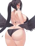  1girl ass bikini black_bikini black_choker black_hair black_wings blue_archive blush breasts choker collarbone commentary_request feathered_wings hair_between_eyes halo hasumi_(blue_archive) highres kuavera large_breasts long_hair looking_at_viewer looking_back navel ponytail red_eyes sideboob skindentation solo swimsuit wings 