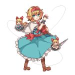  1girl alice_margatroid bangs blonde_hair blue_dress blue_eyes book boots brown_footwear capelet closed_mouth dress full_body hairband hui_mi_(hennji_echo) lolita_hairband pixel_art red_hairband shanghai_doll shield short_hair simple_background solo standing sword touhou weapon white_background white_capelet wrist_cuffs 