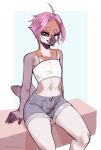  2021 absurd_res ahoge anthro artist_name avian beak bird bottomwear brown_eyes clothing crop_top digital_media_(artwork) hair hi_res male midriff miyas_(romarom) navel pink_hair romarom shaded shirt shorts sitting solo topwear white_clothing white_topwear 