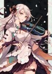  1girl akagi_shun bangs bow_(music) breasts bridal_gauntlets chinese_clothes cleavage cleavage_cutout clothing_cutout green_eyes hair_ornament holding holding_instrument instrument long_hair looking_away original parted_lips petals solo standing teeth thigh_strap violin 