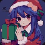  1girl ahiru_tokotoko bangs bird blue_hair closed_mouth duck fur_trim gift hat hinanawi_tenshi holding holding_gift long_hair looking_at_viewer pixel_art red_eyes santa_costume santa_hat solo touhou upper_body 