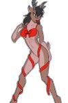  anthro black_hair blue_eyes bra brown_body brown_fur capreoline cervid clothed clothing female fur gift_wrapped hair hi_res horn lingerie mammal midnighthowlart reindeer solo standing underwear 